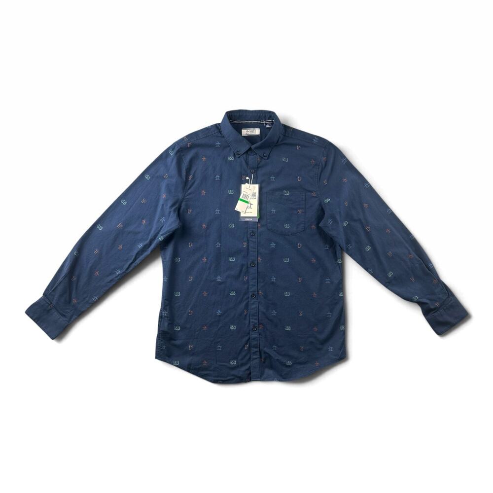 Original Penguin Shirt Mens Large Dress Blues Logo Print Stretch NWT